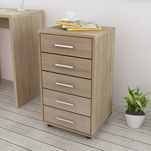 CIADAZ BüroSchubladen, Kommode, Sideboard, Highboard, Schrank,Schrank auf Rollen 5 Schubladen, Kommode, Sideboard, Highboard, Schrank, Eiche