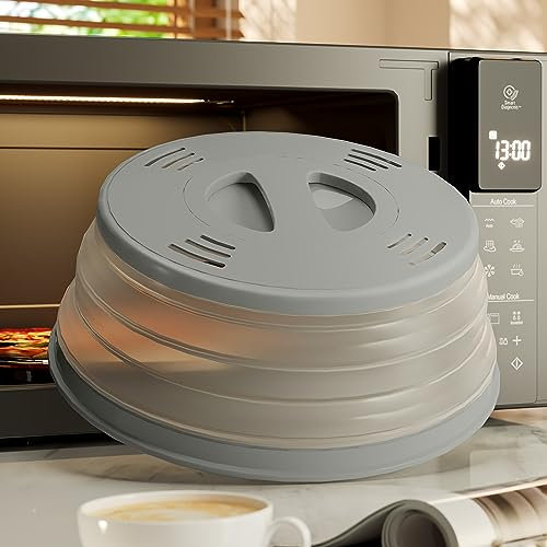 HomArtist Couvercle magnétique pliable pour micro-ondes de 27,9 à 30,5 cm avec poignée facile à prendre en main, couvercle de plaque micro-ondes avec aérations de vapeur pour chauffage, gris