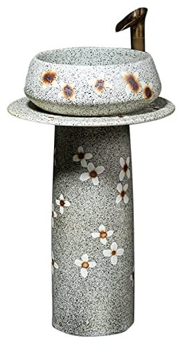 WASHLA Fregadero De Baño con Pedestal Cerámica De Alta Temperatura,Unidad De Lavabo De Pie Retro,Desagüe del Fregadero De Lavabo Ranurado con Grifo Y Espejo/14111
