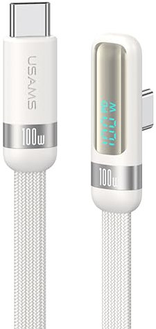 P4Y USB-C a USB-C cable de carga y datos PD100W 480 Mbps con pantalla digital y enchufe en forma de L/90 Grado serie Wind 1,2m blanco US-SJ653