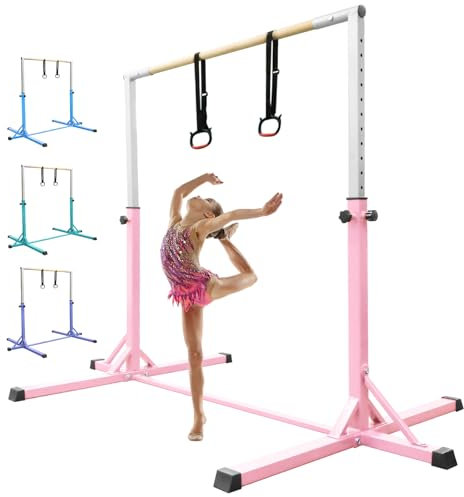 FBSPORT Barra horizontal de gimnasia con anillos de gimnasia para niños, altura ajustable de 13 pulgadas, equipo de entrenamiento para gimnasio, interior, jardín, exterior, color rosa