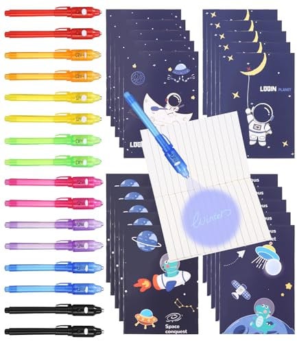 SOBEAU Bolígrafo Tinta Invisible y Libreta Espacio, 16 x Bolígrafos Secretos con Luz UV, 20 blocs de notas,Regalos Cumpleaños Niños Colegio,Regalos para Fiestas Infantiles