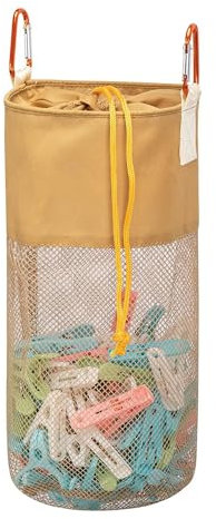 GNEGNI LIFE Pegs Bag, Mesh Large-Capacity Clothes Pegs Bag with Hook Drawstring Hanging Clothespin Bag Portable Resistant Clothes Pegs Holder Bag for Storing Clothes Peg, Socks and Toys (Khaki)
