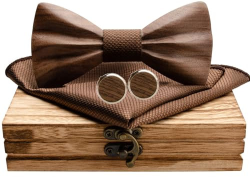 Mr.Van Holzfliege, Holz Fliege Herren 3D Natürliche Schwarze Walnuss Manschettenknöpfe Einstecktuch Set Bräutigam Trauzeuge Hochzeit Abschlussball mit Geschenkbox für Männer