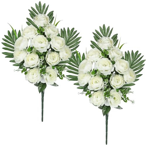 Arborus 2pcs Artificial Cemetery Flowers for Graves 21.6 Fake White Camellia Flowers Bouquet Grave Memorial Silk Flowers for Grave Decorations, Spring Artificial Flowers Stem for Home Vase Decor