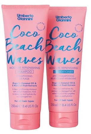 Umberto Giannini Coco Beach Waves Hydrating Coconut Sulfatfreies Shampoo, 250 ml und pflegender Conditioner 250 ml – belebt trockenes, sonnengeschädigtes Haar