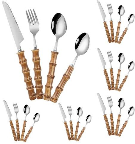 lesulety Besteck Set 4 Personen Messer Und Gabel Set Besteckset 6 Personen Edelstahl Besteck Steakbesteck Messer Gabel Set Besteck Messer Gabel Griff Aus Bambus,Silber,SIX