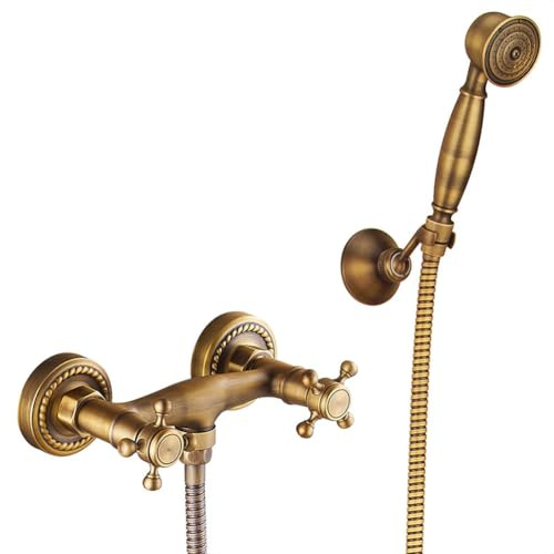 Badewannenarmatur Badewanne Wasserhahn Retro Vintage Stil Messing Wandmontage Zwei Griffe Wannenbatterie Badewannen Armatur Mit Handbrause Badewanne Mischbatterie Duscharmatur, Bronze
