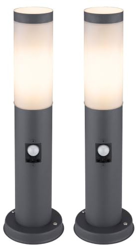 Außenstehlampe mit Bewegungsmelder Gartenlampe Edelstahl Wegeleuchte anthrazit Außenleuchte, 1x E27, DxH 12,7 x 45 cm, 2er Set