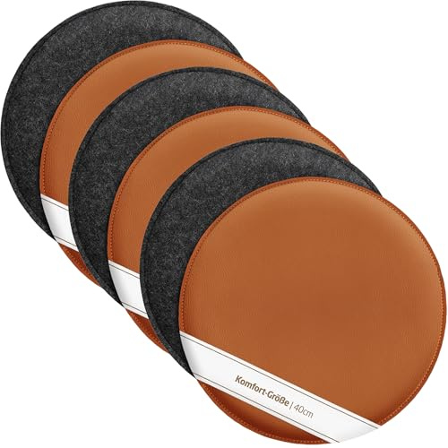 Miqio Design Sitzkissen | Wendekissen Rund aus Filz und Kunstleder | Komfortgröße XL Stuhlkissen ø40 cm | 4er-Set | Sitzauflage für Bank und Stuhl | dunkelgrau-Cognac