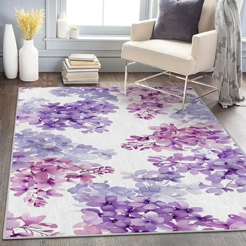 Waschbar in Waschmaschine Wohnzimmer Teppich Lila Blume 120x170 Kurzflor Teppich Schlafzimmer, Blumen Teppich Gegend Dünn Bettvorleger Saugfähig für Jugendzimmer Jungen Mädchen