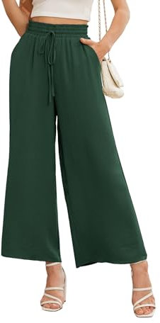 Anelune Damen Hosen Sommer Weite Hohe Taille mit Taschen Damen Hose Sommer Dunkelgrün S