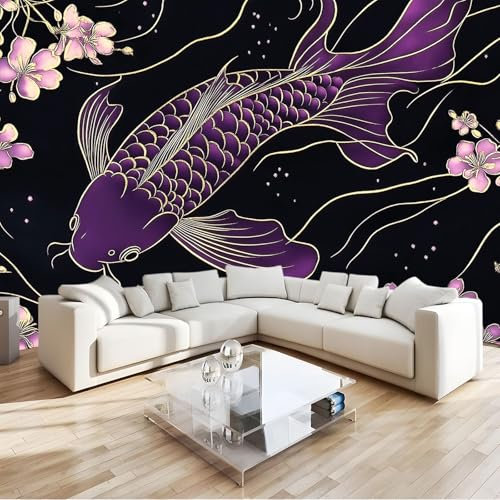 Tuschemalerei Fototapete Linie lila Koi Vlies Fototapete 200x140cm Wandtapete für Wohnzimmer Schlafzimmer Büro Flur Tapete Kinderzimmer Jungen Mädchen Wandtapete