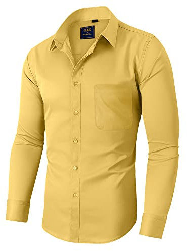 siliteelon Men Shirts Non Iron Business Shirt for Men Adult Yellow Cotton Men's Dress Formal Shirt Regular Fit Stretch Mens Shirts Long Sleeve Work, Office, Wedding, Party,Concer
