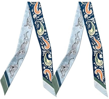 COtheSumay Maulbeerseide Schal für Handtaschen, Taschen und Geldbörse, 2 Stück, 5,1 x 88,9 cm, Haarband, schmaler Hals, modische Schals für Damen, Geparden-Graublau, 2x35.5 (90cmX5cm)