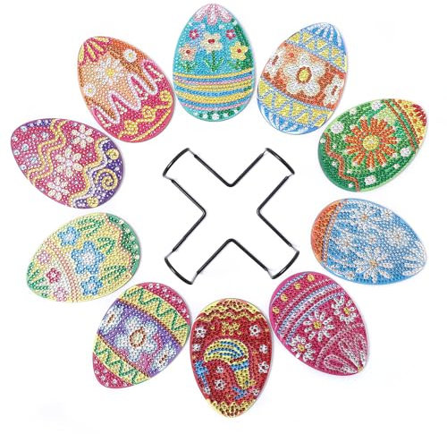 champracer Ostern Diamond Painting Untersetzer, Untersetzer Gläser, Ostern Diamant Kunst Untersetzer, Ostereieruntersetzer mit Ständer für Erwachsene Kinder (B)