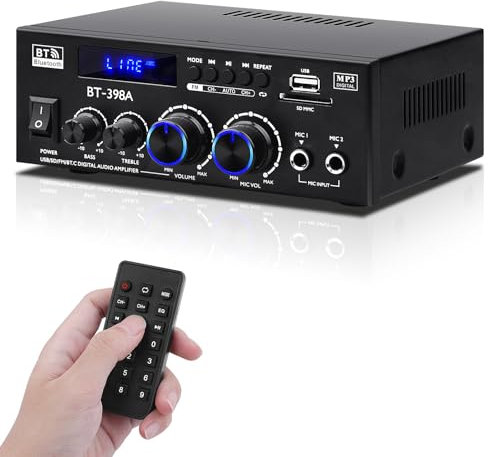 BT-398A Amplificatore Audio, Amplificatore Bluetooth 5.0 2.0 Canale 60W+60W Potenza nominale Mini Altoparlanti Amplificatori Sonori Digitali FM Radio USB SD Card per Sistema Audio Home Theater