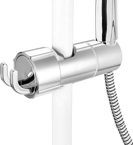 Tenbrachian Universal Adjustable Shower Head Fixing Replacement for 18-25mm, Shower Riser Rail Slider with Hook, 360° Rotation Shower Head Fixing Parts for Slide Rod Rod(Basic, Silver)