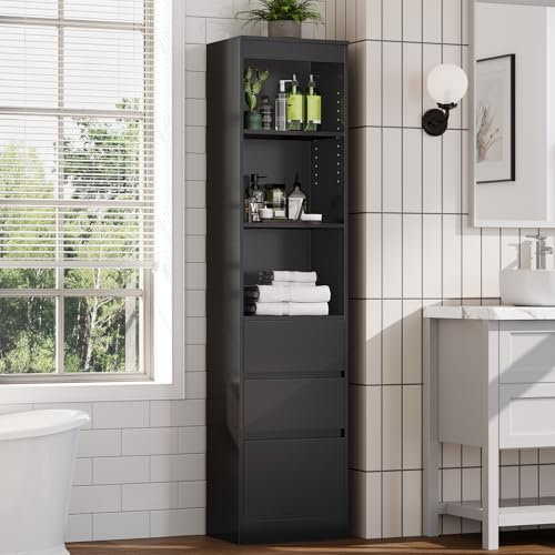 FORABAMB Meuble Salle de Bain Rangement, Armoire Haute Cuisine avec 2 Grands Tiroirs et 4 Compartiments, Colonne Polyvalente avec Étagère Réglable, pour Salle de Bain, Salon, Cuisine(Noir)