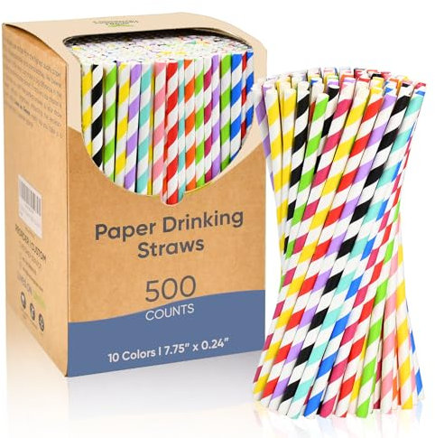 Lives on Green 19,7cm Bunt Gestreifte Papiertrinkhalme, 500 Stück in Bulk, 10 Farben, Einweg & Biologisch Abbaubar - für Bar, Restaurant, Party, Basteln, Cake Pops
