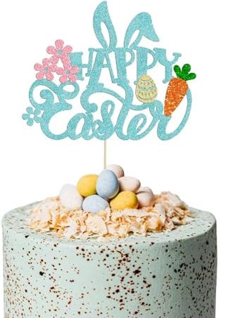 Dlicsy 1 Pcs Happy Easter Cake Topper, Glitter Bunny Ear Cake Pick Decorations, Metallic Gold, Easter Occasion