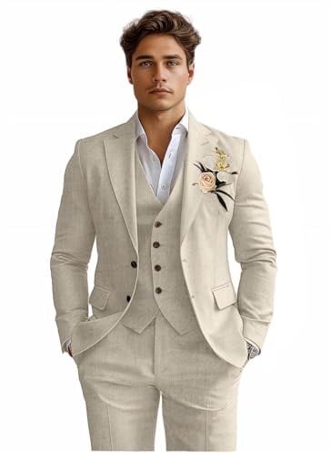 Costume de smoking 3 pièces en lin pour homme - Coupe ajustée - Pour la plage, les mariages, les affaires, le marié et le bal