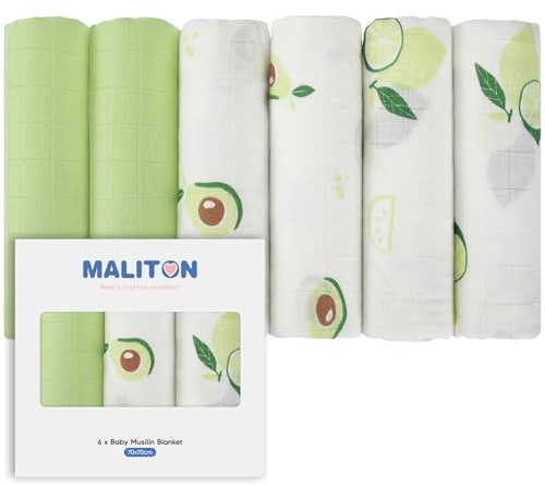 Maliton 6 Stück Baby Spucktücher Moltontücher aus Baumwolle, 70x70cm - Weiche & saugfähige Mullwindeln für Neugeborene | Atmungsaktive Musselintücher | Zum Reinigen, Abwischen, Abdecken