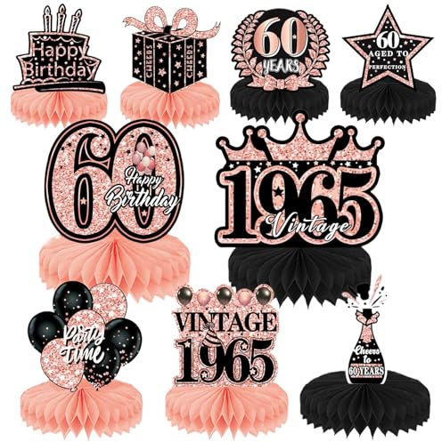 60th Birthday Table Decorations 9pcs Rose Gold Birthday Honeycomb Table Centerpieces Cheers to Honeycomb Table Topper for Men Women Party Decoration Supplies (60th)