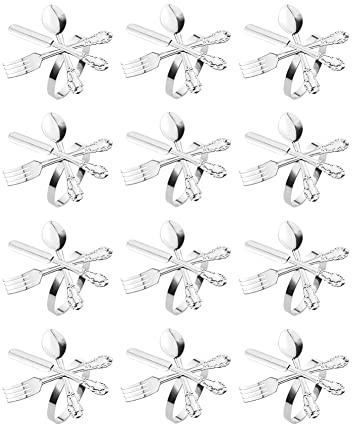 Sirxlevcy 12Pcs Metal Knife and Fork Spoon Napkin Rings Holder for Christmas Party Wedding Used for Daily Table Parties Silver
