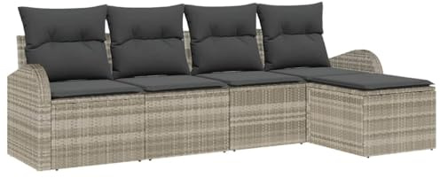 vidaXL Garten-Sofa-Set mit Kissen 5 pcs Hellgrau Poly Rattan, Moderne Gartenmöbel, rechteckige Sofas, modulare Sitze mit verstellbaren Füßen, UV-beständig und robust!