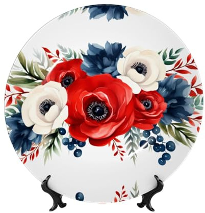 POEZJZW Piatto decorativo in porcellana con fiori rossi, bianchi e blu, decorazione perfetta per casa, ufficio e caffetteria, 17,8 cm