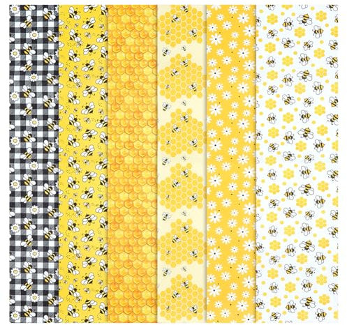 PH PandaHall 6 Stück Bienen-Gänseblümchen-Baumwollstoff-Bündel Bienen-Motiv-Quilt-Patchwork-Wabenmuster Karomuster-Handarbeitsstoffe Gelbe Nähstoffe für DIY-Handarbeits-Partydekoration, 45 x 50 cm