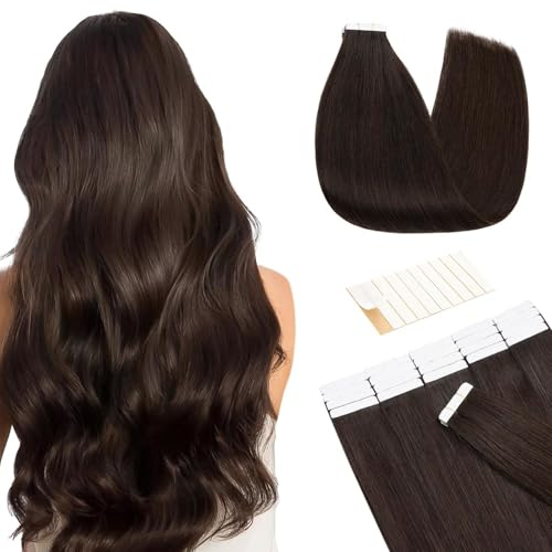 TESS Invisible Tape in Hair Extensions Real Human Hair 20PCS Hair Loss Cover or Highlights Reusable Glue Tape Hair Pieces for Women UK #02 Dark Brown 22 Inch 50g