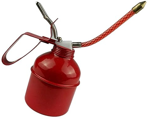 Manual Oiler Can - Red Lever Style Lubrication Oil Can with Flexible Hose - Efficient Pump Action for Machinery & Household Use - Durable Iron Construction