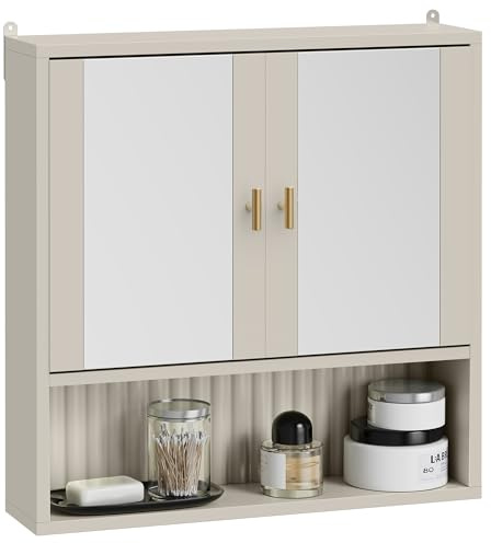 VonHaus Bathroom Mirror Cabinet - Stone Bathroom Cabinet with Mirror - 2 Door Wall Mounted Storage with Fluted Texture Design & Gold Handles - Space Saving with Adjustable Shelf - Victoria
