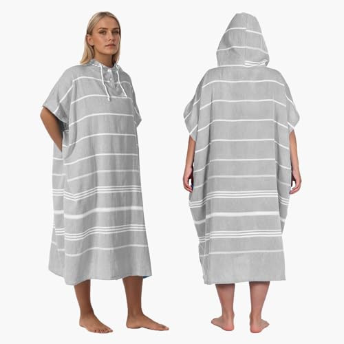 1pcs Cotton Turkish towel poncho Turkish Surf Poncho Changing Towels Wearable Towel Hooded Swim Robe with Pocket Swim Cover Up Beach Towel for Adult Man Women Surf, Beach, Pool and Swim (Grey, M)