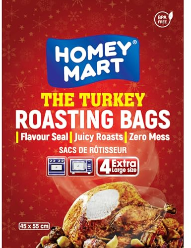 HOMEY MART The Turkey Roasting Bags, Flavour-Seal for Turkey, Chicken, Meat, Fish & Vegetables, Oven & Microwave Safe up to 400° F, BPA-Free, Extra-Large Size 45cm x 55cm, 4 - Pack with Ties