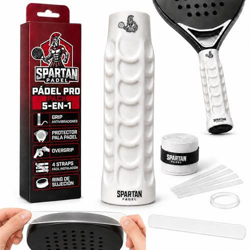 Grip Antivibraciones para Pala de Pádel | Pack 5 en 1 con Mango + Overgrip + Protector Pala Pádel + Ring + 4 Straps para fácil instalación | Empuñadura Antideslizante Blanca