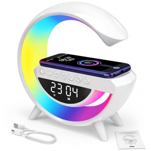 OKLI Wireless Charging Bedside Lamp with Bluetooth Speaker, Alarm Clock, RGB LED Night Light, FM Radio & Wake Up Light for Bedroom, Desk & Gifts (Large)