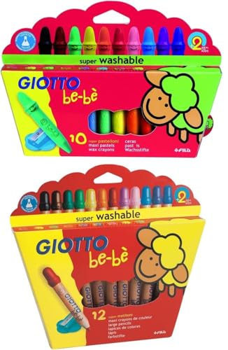 Lot de 2 boîtes Giotto Bébé: Maxi crayons de couleur bois + Maxi crayons incassables cire