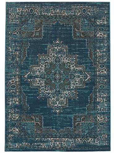 RugVista, Vintage Vega, Teppich, Kurzflor Teppich, 200 x 300 cm, Rechteckiger, Modern, Oeko-Tex Standard 100, Polypropylene, Flur, Schlafzimmer, Küche, Wohnzimmer, Petrol/Türkis, Dunkelblau