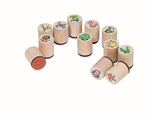Kinderstempel Holzstempel wilde Tiere für Kindergeburtstag & Mottoparty zum Basteln und Verzieren und als Mitgebsel oder Give-Away Stempelset mit 12 Safari-Stempeln und Palandi® Sticker