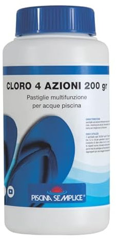 PISCINA SEMPLICE, Cloro 4 Azioni 200g, Trattamento Multi Azione Senza Rame Per Acque Della Piscina, Azione Clorante, Antialghe, Stabilizzante del PH, Flocculante, Formato da 1 Kg