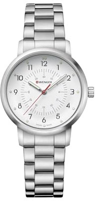 WENGER Unisex Armbanduhr Avenue Ø 35 mm, Swiss Made, Analog Quarz, Wasserdicht bis 100 m, Edelstahl-Armband, Weiß/Silber, 01.1621.110