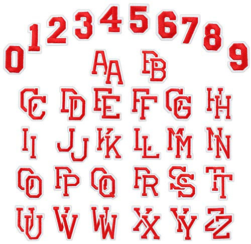 WD&CD 62 Stücke Patches Zum Aufbügeln Buchstaben Zahlen, Aufbügler mit Gebügelt Klebstoff Buchstaben A-Z 0-9 für Schuhe Hut Tasche Kleidung Zubehör DIY Kleidung Patches (Rot und Weiß)