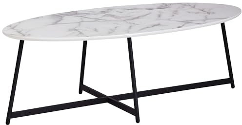 FineBuy Design Couchtisch Oval 120x60 cm mit Marmor Optik Weiß, Wohnzimmertisch mit Metall-Beine Schwarz, Großer Beistelltisch