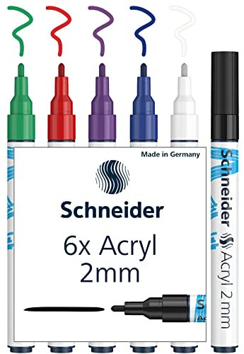 Schneider Paint-It Acrylstifte (Set 1 mit 2 mm Rundspitze, hochdeckende Acrylfarben für Holz, Leinwand, Stein uvm.) 6 Stück, sortiert, 2mm Strichbreite