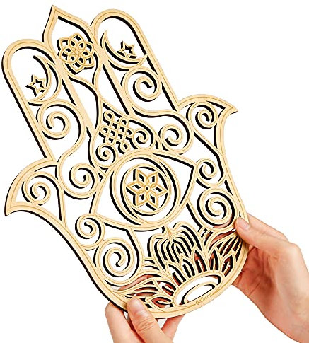 Qallicon Wanddekoration mit Hamsa-Hand, 29.1 cm, heilige Geometrie, Wandkunst, Kristallgitter, Chakra, Holz, Yoga, Wanddekoration, Meditation, Altar, Dekoration, Zen, spirituelle Geschenke