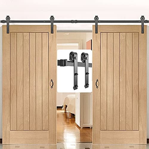 VEVOR Kit de Herrajes para Puerta Corredera 12 Pies/366cm Kit de Riel para Puerta Doble Acero al Carbono Guía para Puerta Doble Corredera Carga 150 kg Puerta Máx. 183cm Espesor 35-45 mm Granero Garaje