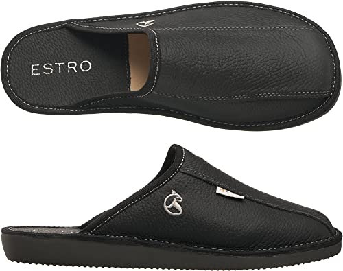 ESTRO Hausschuhe Herren Leder Herrenhausschuhe - Hausschuh Männer Pantoffel Pantoffeln Pantoletten Slipper Mann Warm FROST (45 EU, Onyx)